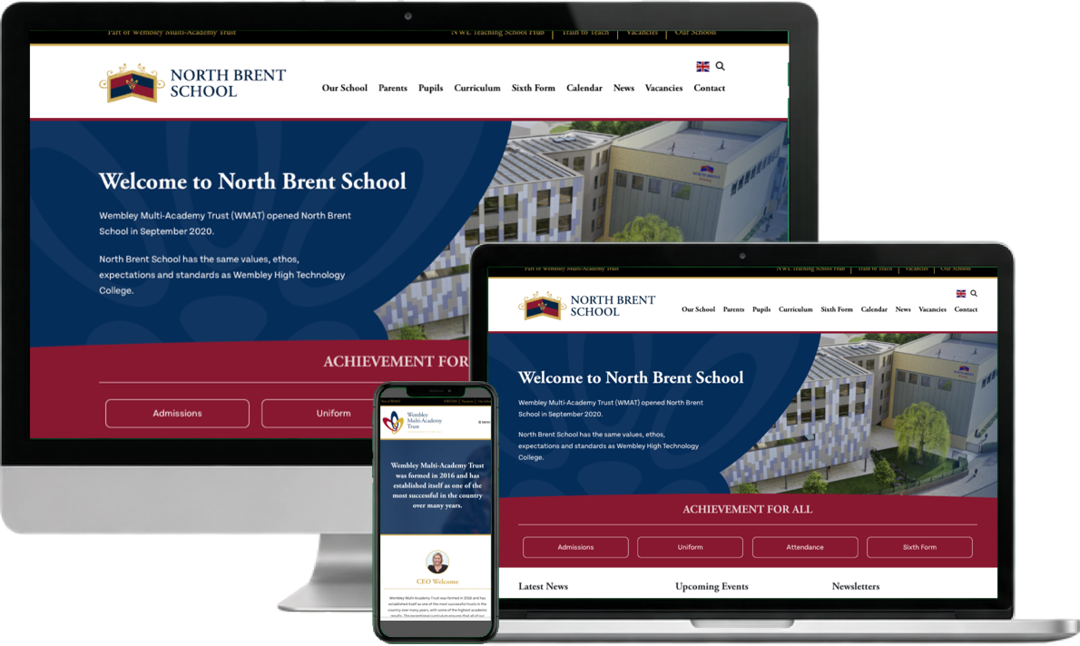 A school website shown on a laptop and a phone